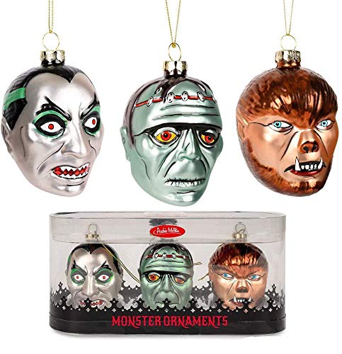 Archie McPhee Set of 3 Monsters Blown Glass Christmas Ornaments! - Dracula, Werewolf Frankenstein, Skeleton Color