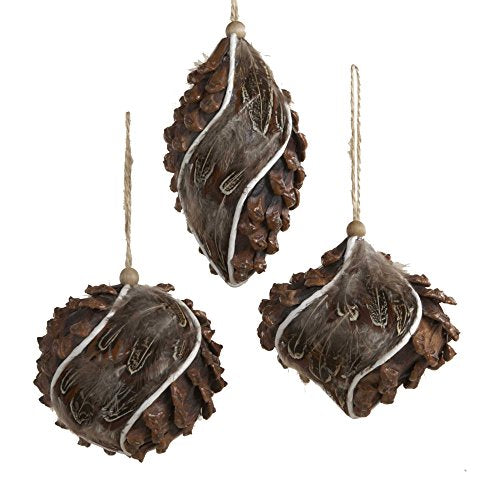 Kurt Adler Styrofoam Pinecone and Feather Ornament, 3 to 5.25-Inch, Set of 3