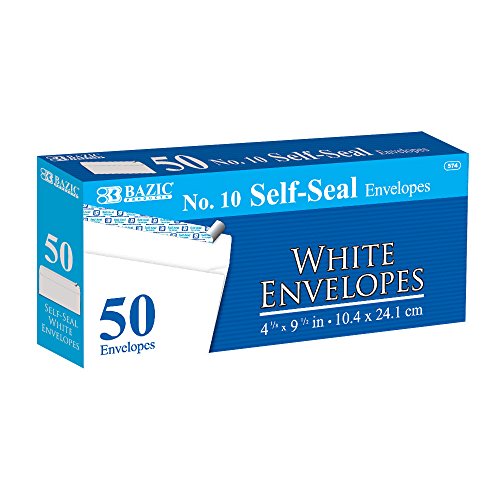 BAZIC #10 Self-Seal White Mailing Envelope 4 1/8 x 9 1/2, Safe Quick Self-Adhesive Closure, No Window, Peel & Seal (50/Pack), 1-Pack
