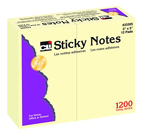 Charles Leonard Sticky Notes, 3 x 5 Inch, 100 Sheets per Pad, Yellow, 12 Pack (33305)