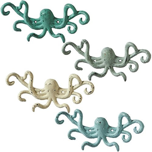 Ganz MIDWEST-CBK Coastal Teal Gray White Blue Octopus Wall Hooks Set of 4 Painted Cast Iron