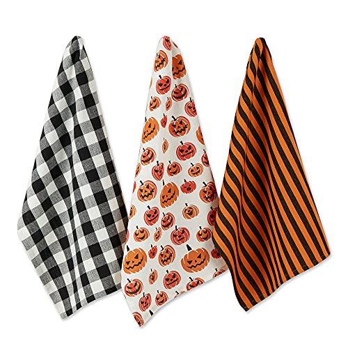 DII Design Halloween Kitchen Collection Printed Dishtowel Set, 18x28, Pumpkin Faces 3 Piece
