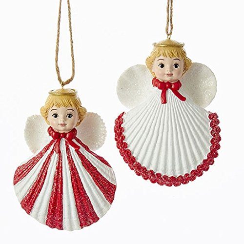 Kurt Adler Red and White Beach Angel With Shell Body Ornament 2 Assorted Red, White Stripe and White With Red Trim