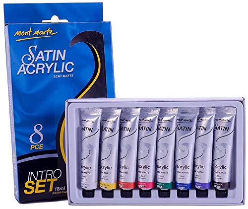 Mont Marte Premium Satin Acrylic Intro Set, 8 Piece, 0.6oz (18ml) Tubes, Semi-Matte Finish, Suitable for Most Surfaces