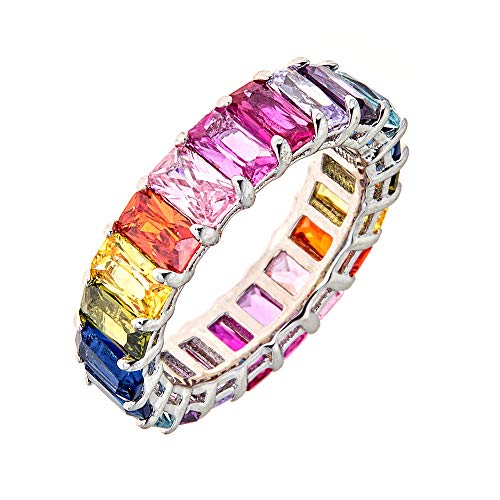 Maya J Eternity Ring - Emerald-Cut, with Artisan Fashioned Gemstones, Rainbow, Size 9