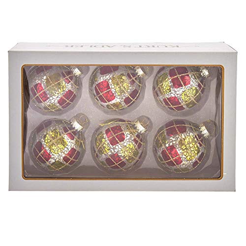 Kurt Adler Adler 80MM Red, Green and Silver Large Checker Glass Ball, 6-Piece Boxed Ornament Set, Multi, 6 Count