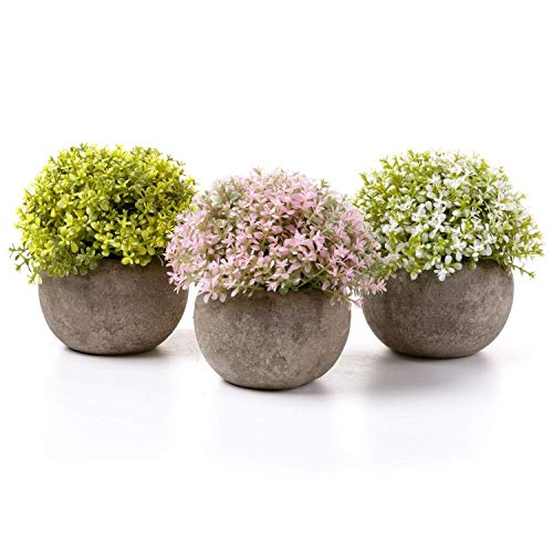 T4U Mini Artificial Plants in Grey Pot, Plastic Fake Green Colorful Flower Topiary Shrubs for Home Office Wedding Decoration Set of 3