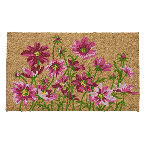 Larry Traverso Low Profile Cosmos Flatweave Doormat, 18 x 30 Inches, 100% Coir, Naturally Durable, Anti-Slip Backing, Sustainable, Garden Flower Design