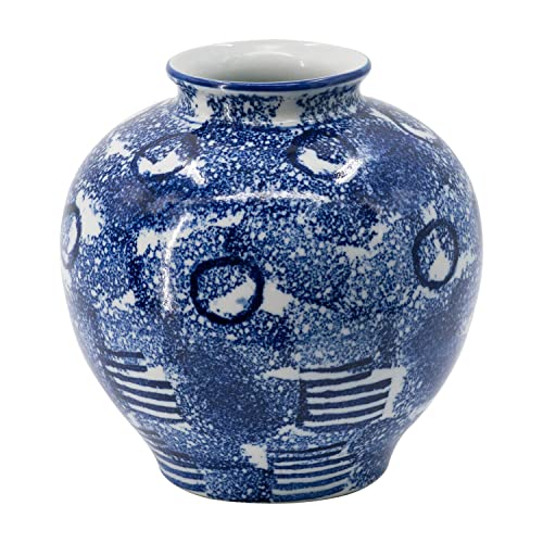 A&B Home Blue & White Porcelain Vase - Modern Abstract Art Pattern, Short and Round Jar Shape, No Lid for Floral Displays, Home Decor Centerpiece, Shelf and Tabletop Decor, 9'' x 9.5''