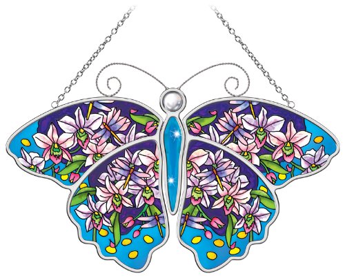 Amia 5594 Suncatcher with Butterfly Design, Hand Painted Glass, 7-Inch by 10-1/4-Inch