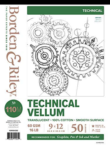 Chartpak Borden & Riley #110M Technical Vellum Pad, 9" x 12", 100% Cotton, 60 GSM/16 LB, 50 Sheets, 1 Pad Each (110P091250), Clear