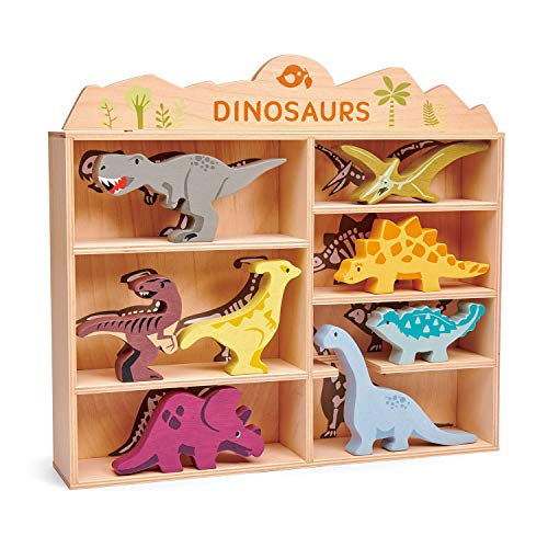 Tender Leaf Toys - Dinosaur Animals 8 Wooden Prehistoric Figurines with a Display Shelf for Age 3+