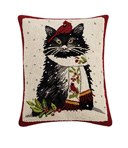 Peking Handicraft 31ML484C20OB Holiday Black Cat with Cardinal Hook Pillow, 20-inch Length, Wool and Cotton