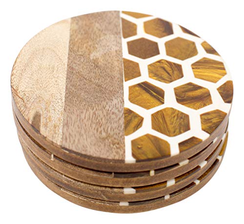 Boston Warehouse Honeycomb Resin and Wood Coasters Set of 4, Round