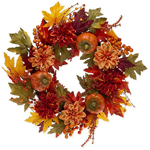Boston International Fall Wreath for Front Door and Wall Autumn Thanksgiving Decorations, 24-Inches, Pumpkins Berries & Dahlias