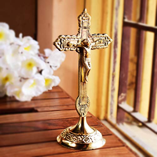 Hashcart Brass Catholic Crucifix Cross with Stand - Brass Jesus Christ Statue & Figurine for Table Decoration - Home Office Decor - Church