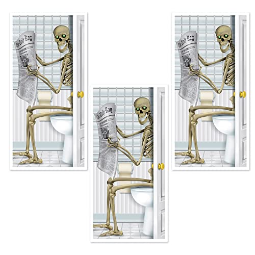 Beistle 3 Piece Plastic Indoor Outdoor Skeleton Restroom Door Covers for Happy Halloween Party Decorations, 60" x 30", Multicolor