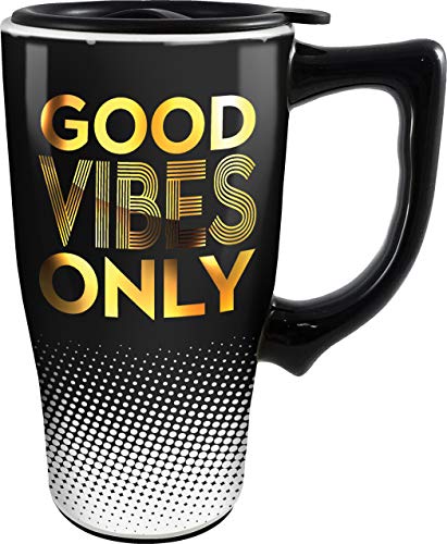 Spoontiques 12857 Good Vibes Only Ceramic Travel Mug, 18 ounces, Black