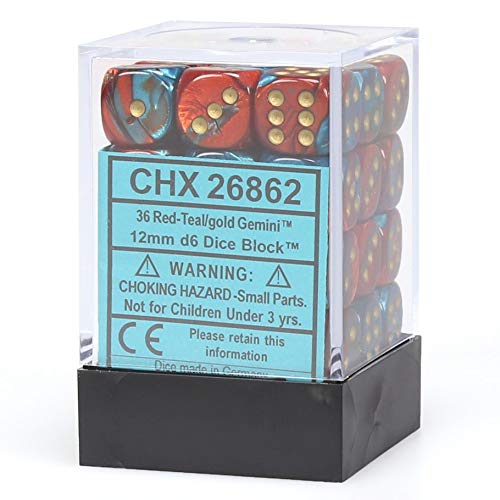 DND Dice Set-Chessex D&D Dice-12mm Gemini Red, Teal, and Gold Plastic Polyhedral Dice Set-Dungeons and Dragons Dice Includes 36 Dice  D6, (CHX26862)