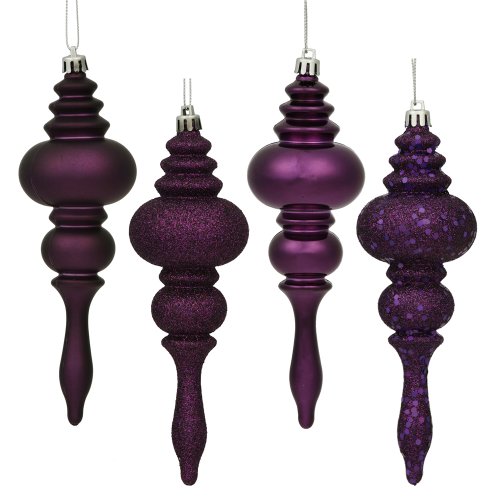 Vickerman 7" 4-Finish Finial Ornament, Shatterproof Plastic Christmas Tree Decoration, 8 Pack, Plum Shiny, Matte, Glitter and Sequin Finishes
