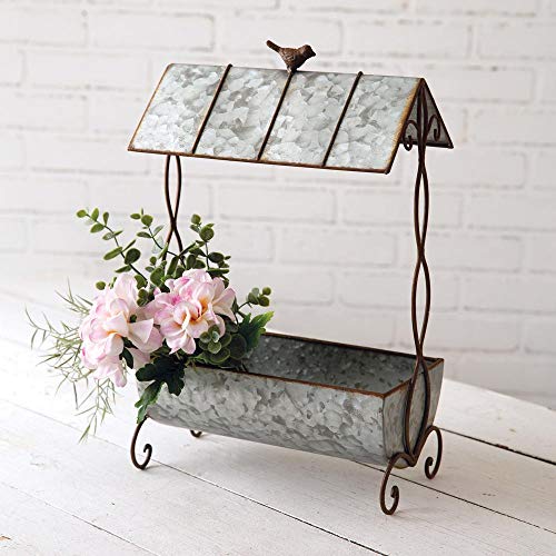 CTW Rustic Planter with Tin Roof All Metal Twisted Vine Design Bird Accent