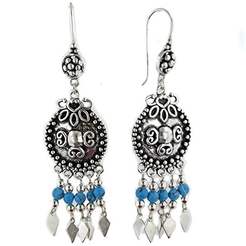 Silver Insanity Long Vintage Style Sterling Silver Earrings with Dangling Created Turquoise Beads