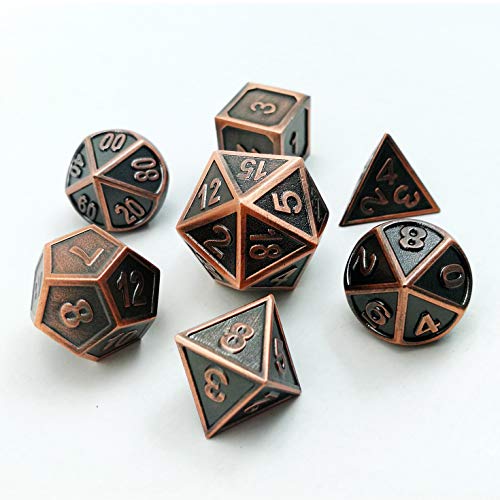 Bescon Dice Antique Copper Solid Metal Polyhedral Dice Set of 7 Copper Metallic RPG Role Playing Game Dice 7pcs Set D4-D20