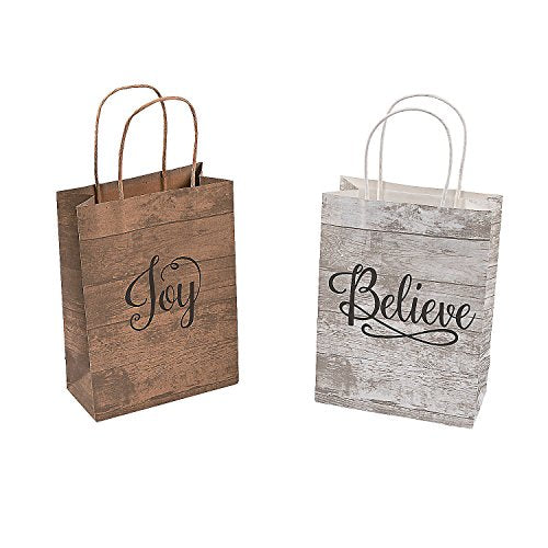 Fun Express Rustic Religious Kraft Bags for Christmas - Set of 12 Joy and Believe Bags - Gift and Party Supplies