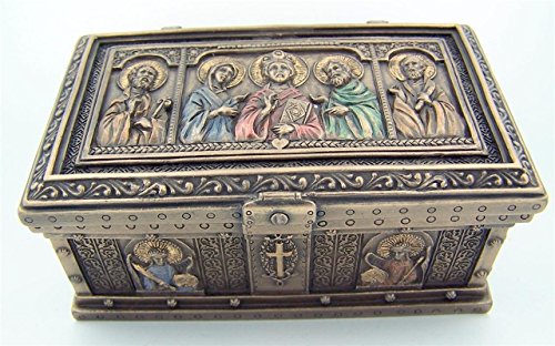 Unicorn Studio Cold Cast Bronze 4 7/8 Inch Jesus Christ Saint Peter St Paul Icon Relic Rosary Trinket Box