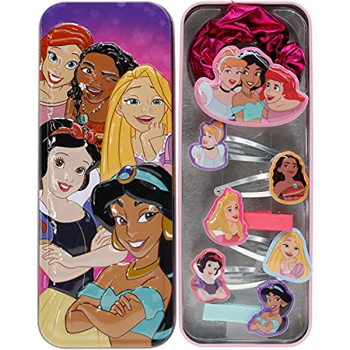 UPD Townley Girl Disney Princess Hair Accessories with Tin Pencil Case |Gift Set for Kids Girls |Ages 3+ Including Hair Clips, Snap Clips, Pony and More! for Parties, Sleepovers and Makeovers