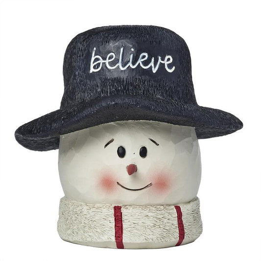 Blossom Bucket Snowman Head with Black Hat, Believe
