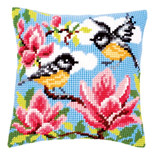 Vervaco Cross Stitch Embroidery Kits Pillow Front for Self-Embroidery with Embroidery Pattern on 100% Cotton and Embroidery Thread, 15,75 x 15,75 Inches - 40 x 40 cm, Bird with Flowers