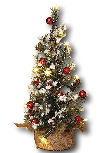 The Gerson Companies 18" Lighted Snowy Pine Christmas Holiday Tree with Pinecones and Berries and Burlap Base ~ White Lights ~ Table Top ~ Battery Operated