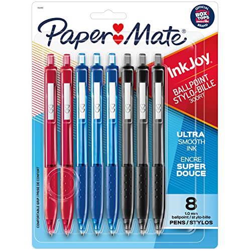 Paper Mate InkJoy 300RT Retractable Ballpoint Pens, Medium Point, Black/Red/Blue Ink, 8 Pack (1945918)