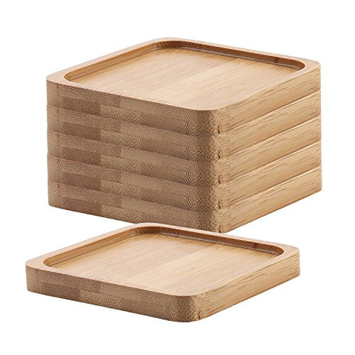 T4U 3.75 Inch Planter Pot Bamboo Saucer Square Set of 6, Succulent Pot Holder Drainage Tray for Most Small Ceramic Succulent Planters Holding Drainage Water