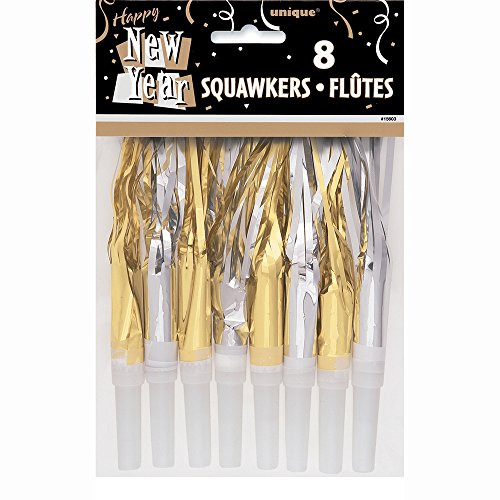 Unique Industries Silver & Gold Fringed New Years Party Squawkers, 8ct