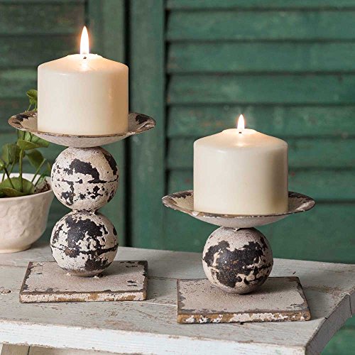 CTW Distressed Antiqued White Set of Two Spheres Pillar Candle Holders