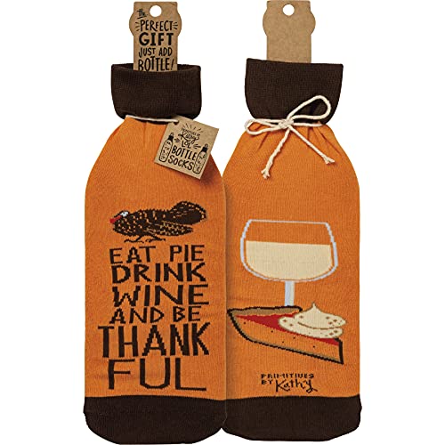 Primitives By Kathy Eat Pie Drink Wine And Be Thankful Double Sided Wine Bottle Sock Holder