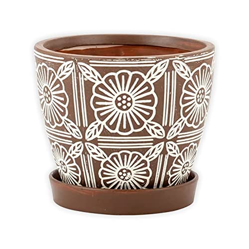 Napco 13947 Rustic Flower White and Brown 5.5 x 5.5 Ceramic Standing Container Garden Planter Pot with Saucer