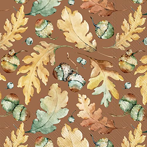 Boston International IHR Fall Autumn Halloween Thanksgiving 3-Ply Paper Napkins, 20-Count Lunch Size, Acorns And Leaves- Brown