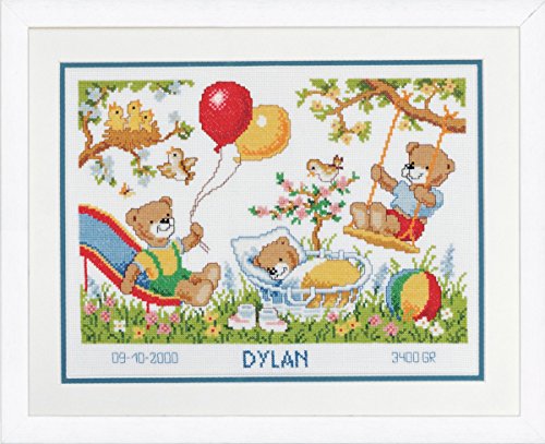 Vervaco Birth Record Teddies in Garden Counted Cross Stitch Kit, Multi-Colour