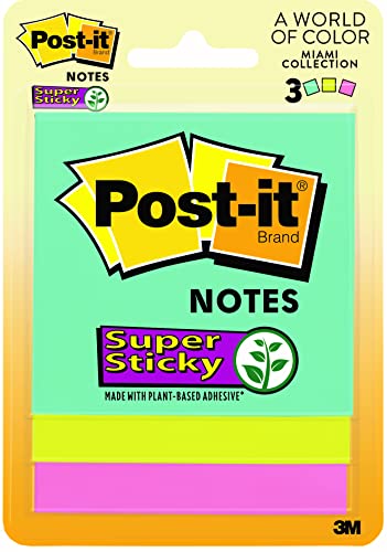 Pens Post-it Super Sticky Notes, 3x3 in, 4 Pads, 2x the Sticking Power, Supernova Neons, Neon Colors, Recyclable(3321-SSAN-B)