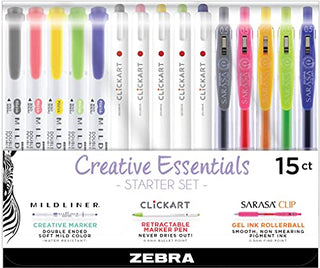 Zebra Pen Creative Essentials Clicking Set, Includes 8 Markers, 8 Colored Pencils and 8 Sarasa Clip Retractable Gel Pens, Assorted Ink Colors, 24-Pack (76124)