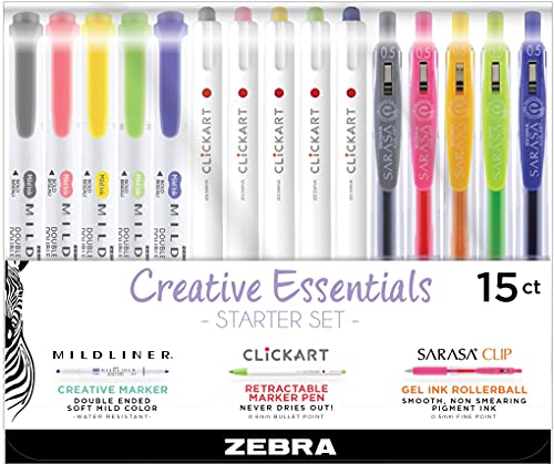 Zebra Pen Creative Essentials Clicking Set, Includes 8 Markers, 8 Colored Pencils and 8 Sarasa Clip Retractable Gel Pens, Assorted Ink Colors, 24-Pack (76124)