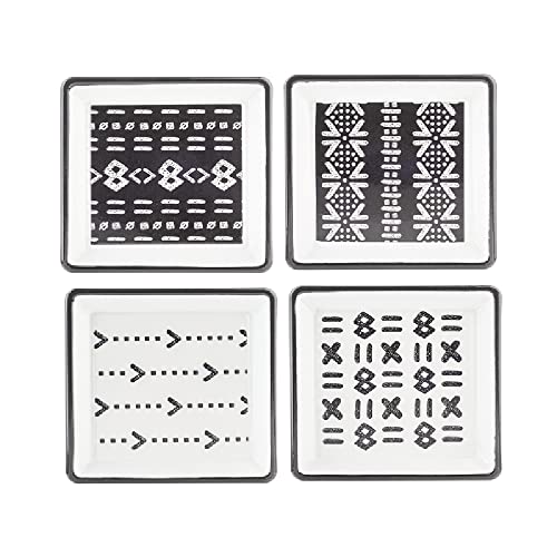 Ganz Tribal Pattern Trinket Dish, Pack of 4, Metal, 5.12 Inches Width, 5.12 Inches Depth, 0.75 Inches Height, White, Black