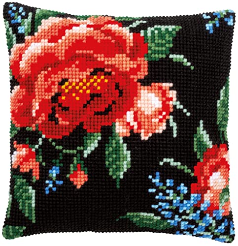 Vervaco Cross Stitch Embroidery Kits Pillow Front for Self-Embroidery with Embroidery Pattern on 100% Cotton and Embroidery Thread, 15,75 x 15,75 Inches - 40 x 40 cm, Rose