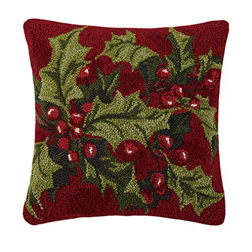 Peking Handicraft 31SJM10063C16SQ Holly Holiday Hook Throw Pillow, 16-inch Square, Wool and Cotton