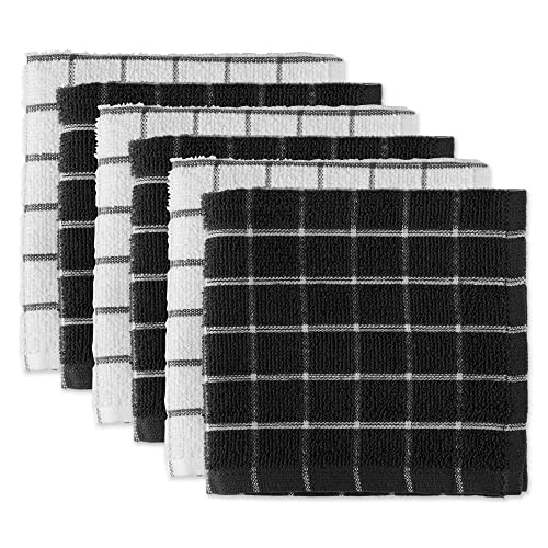 DII Design Basic Terry Collection Windowpane Dishcloth Set, 12x12, Black, 6 Piece