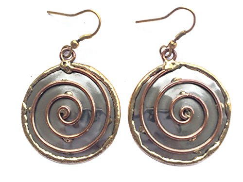 ANJU Goldtone and Coppertone Circle Swirl Hammered Silvertone Hook Earrings E122