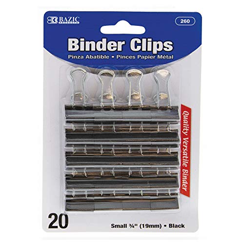 BAZIC Binder Clips Small Black 3/4" (19mm), Paper Clamps Paper Clip, Paperclips for Office School Supplies Home Kitchen Storage (20/Pack), 1-Pack